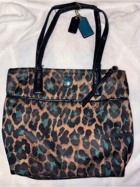 Coach Signature Ocelot Print Bag Teal F25282 Y2K